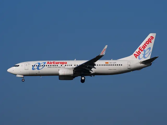 The image shows an Air Europa Airbus A320-200 in flight, with its horizontal stabilizer extended,...