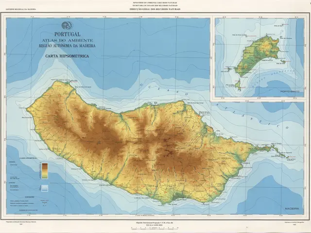 The image shows a topographic map of the island of Madeira, Portugal. It is a poster with a...