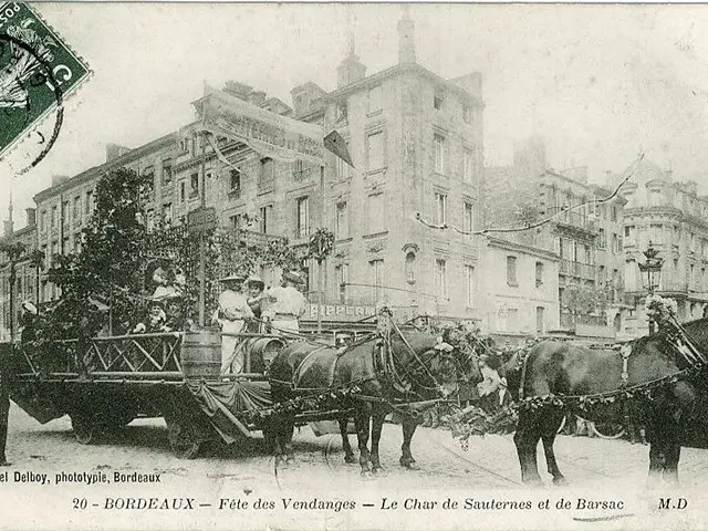 The image shows an old black and white photo of a horse drawn carriage with people on it,...