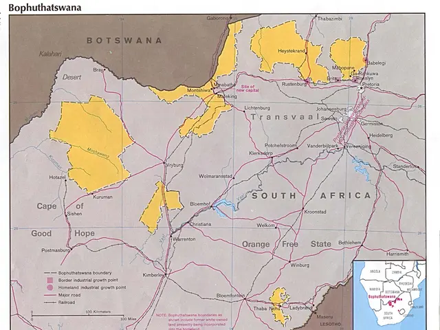 The image shows a poster of a map of Bophuthatswana, South Africa. It is a detailed map with roads,...