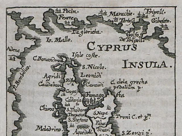 The image shows an old book with a map of Cyprus on it. The map is detailed and shows the various...