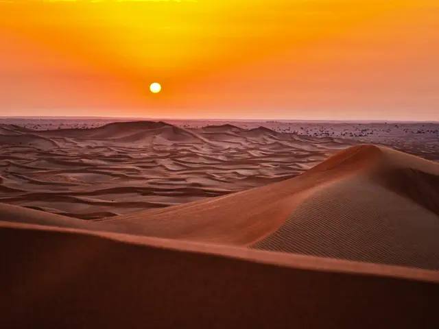 The image shows a stunning sunset in the Sahara Desert, with the sun setting in the background and...