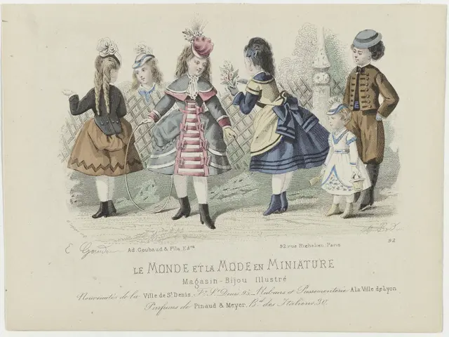 The image shows a group of children in dresses and hats standing next to each other, with a paper...