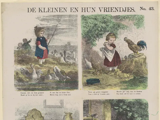 The image shows a paper with pictures of children, birds, trees, and text on it, as well as an old...