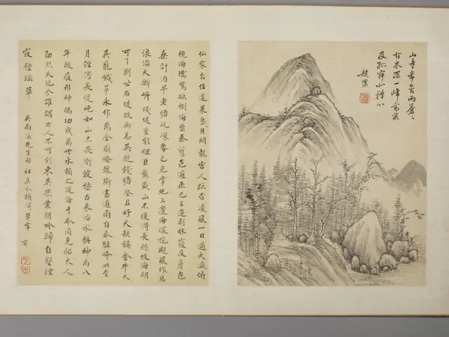 The image shows an open book with Chinese writing on it, depicting a landscape of trees, rocks, and...