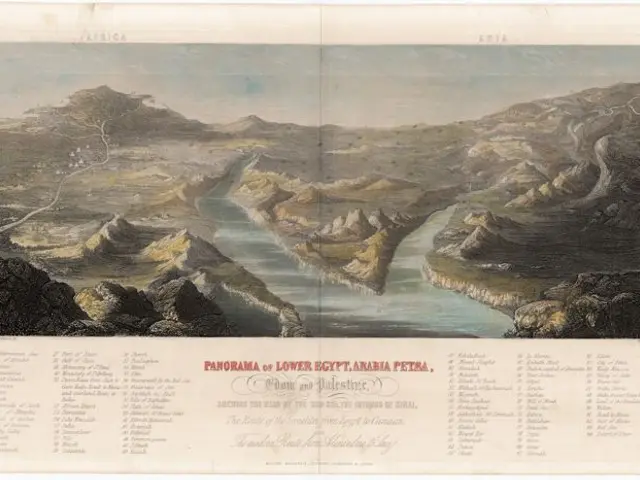 The image shows a panoramic view of Lower Egypt, Arabia Petra, with a river running through a...