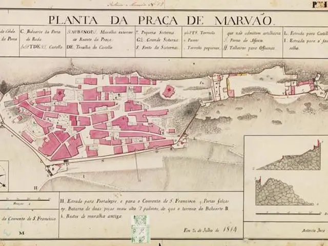 The image shows an old map of the city of Marvão, Brazil, with text written on it. The map is...