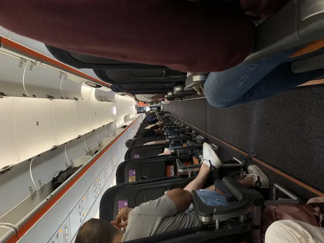 The image shows a group of people sitting in an airplane with their feet up, likely on their way to...