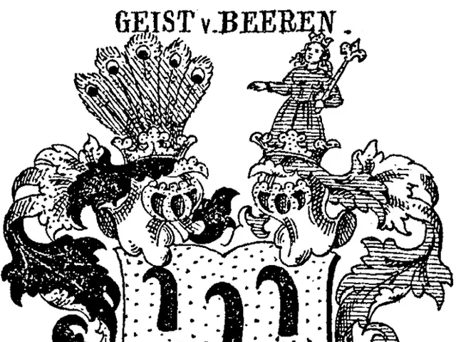 The image shows a black and white drawing of a coat of arms with a crown on top of it. The logo...