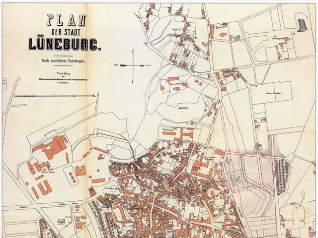 The image shows an old map of the city of Lüneburg, Germany. It is a detailed map with streets,...