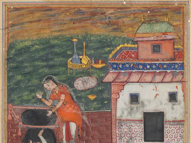 The image shows an illuminated manuscript with a painting of a man and a woman on a balcony,...