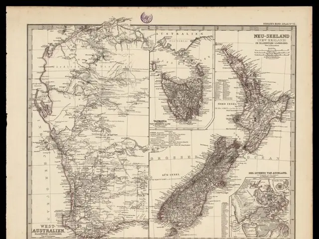 The image shows an old map of New Zealand and New Zealand, with a black border around it. The map...