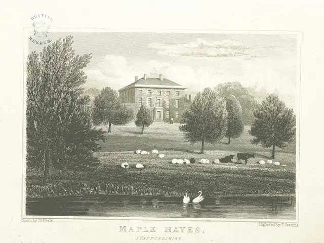 The image shows a paper with a drawing of Maple Hayes, Staffordshire, England. In the center of the...