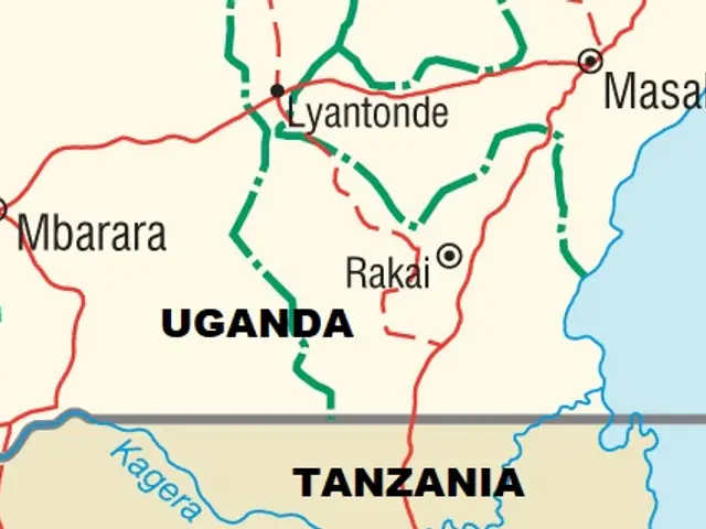 The image shows a map of Uganda and Tanzania, with text indicating the location of the two...