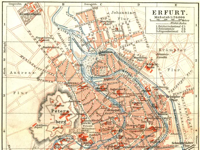 The image shows an old map of the city of Erfurt, Germany, with text at the top and bottom of the...