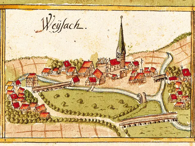 The image shows an old map of a small town with a church in the middle, surrounded by houses,...