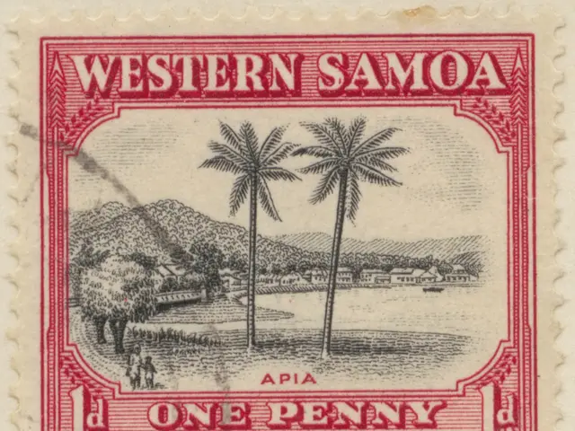 The image shows a postage stamp with the words "Western Samoa" printed on it, featuring a landscape...
