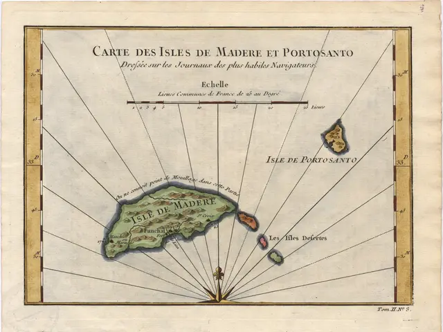 The image shows a paper with a map of the island of Madeira and Porto Santo, with text written on...