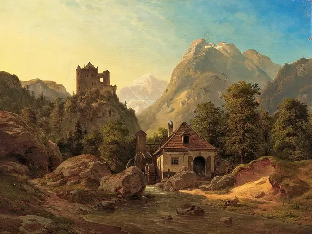 The image shows a painting of a mountain landscape with a castle in the background, surrounded by...
