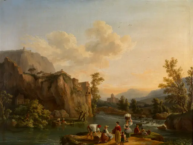 The image shows a painting of a river landscape with a group of people in the foreground,...
