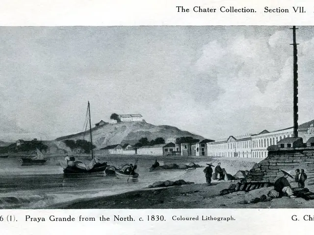 The image shows a black and white drawing of a beach with boats in the water, people on the shore,...