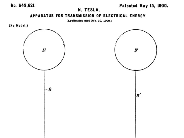 The image shows a patent drawing of a Tesla coil with a diagram of the apparatus for transmission...