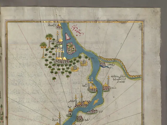 The image shows an open book with a map of the Gulf of Oman, featuring trees, buildings, and text....