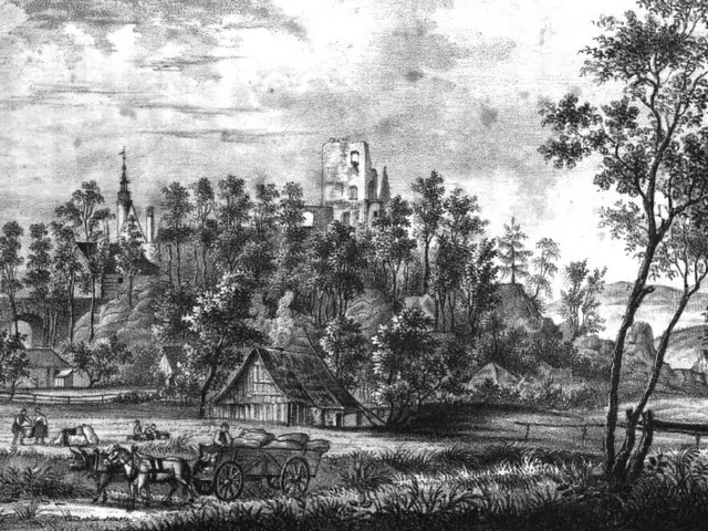 The image shows a black and white drawing of a village with a horse drawn carriage in the...