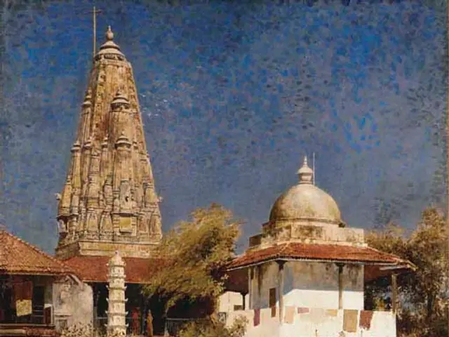 The image shows a painting of a group of people bathing in the Ganges River in Varanasi, India. The...