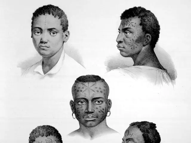 The image shows a black and white drawing of a group of people with tattoos on their faces. At the...