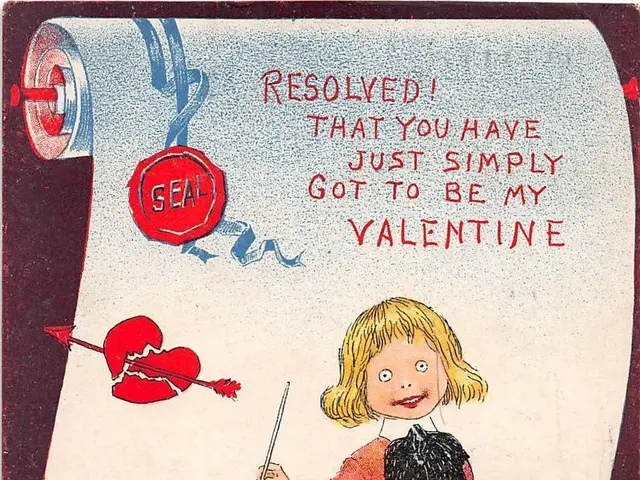 The image shows a Valentine's Day card with a little girl holding a cup and a dog, with a human...