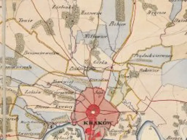 The image shows an old map of the city of Kharkov, Russia, with text indicating the extent of the...