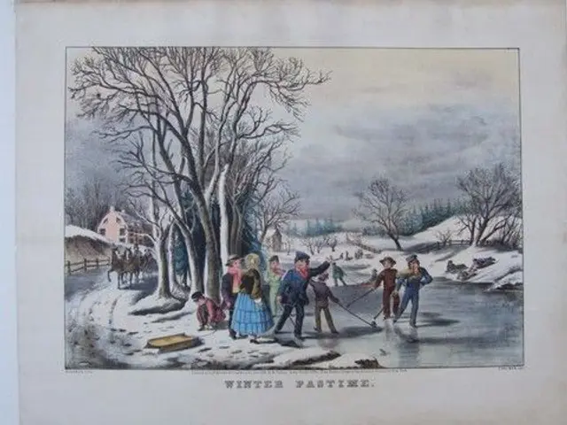 The image shows a group of people skating on a frozen lake in the snow, surrounded by trees,...