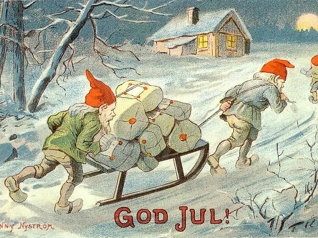 The image shows a vintage Christmas postcard with two gnomes pulling a sleigh full of presents in...