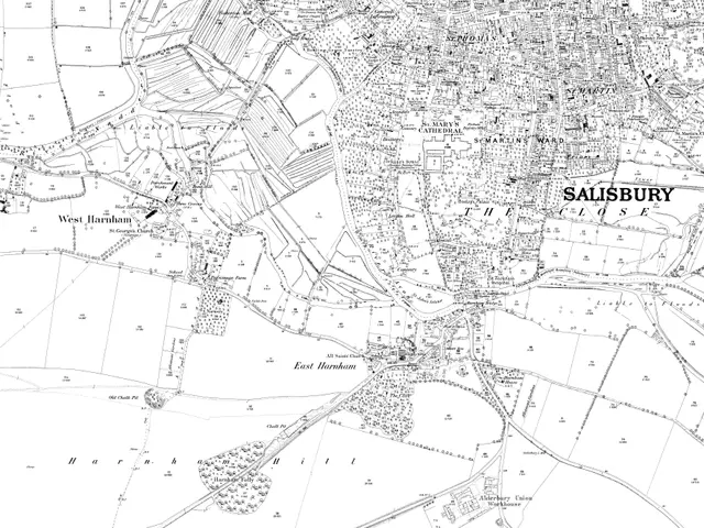 The image shows an old black and white map of Salisbury from 1897. It is a detailed map with text...
