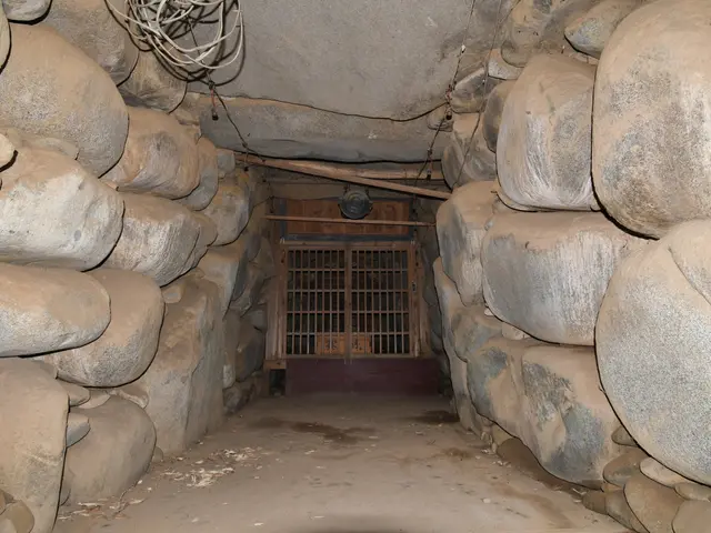 The image shows a tunnel filled with lots of rocks and a metal gate in the middle. At the top of...
