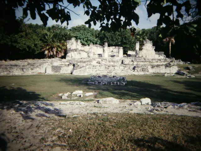 The image shows the ruins of the Mayan city of Tikalpa, Guatemala, with a grassy land in the...