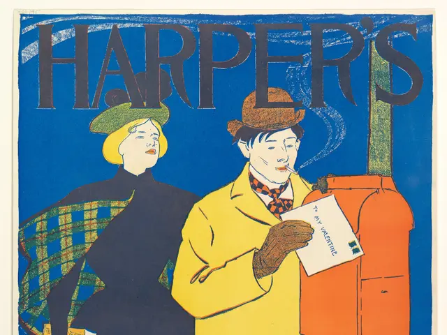 The image shows a poster for Harper's February, featuring a man and woman standing side by side....