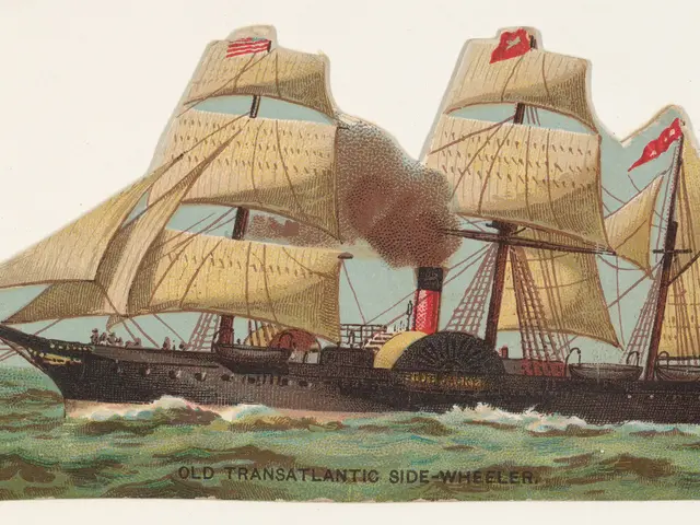 The image shows an old transatlantic side-wheeler sailing on the water with a few people on board....