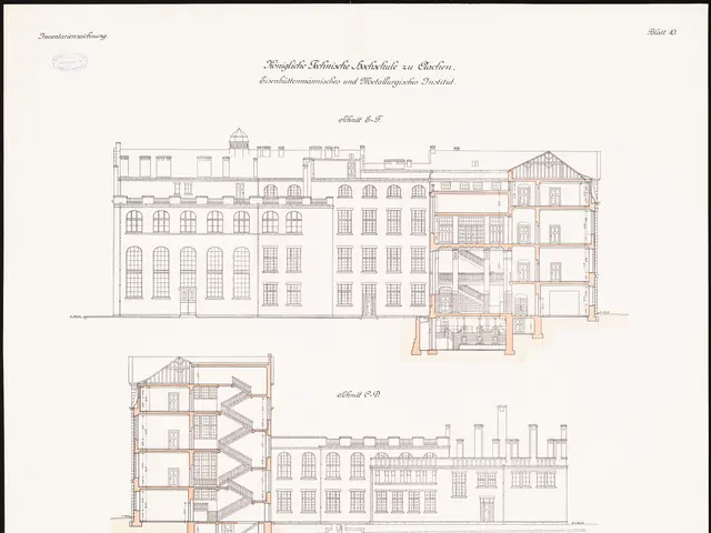 The image shows a drawing of a building with a lot of windows and a staircase, framed in a photo...