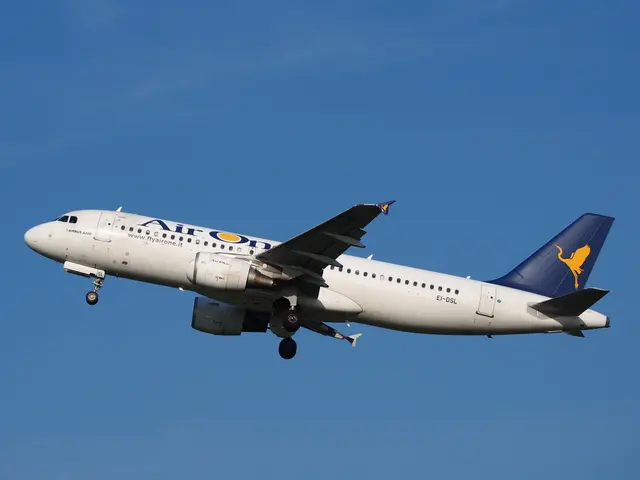 The image shows an Airbus A320-200 of Air France flying in the sky with its landing gear down. The...