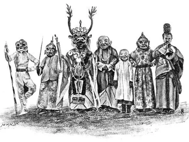 The image shows a group of people standing next to each other, wearing costumes and holding various...
