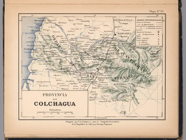 The image shows an old book with a map of Colombia on it. The map is detailed and shows the various...
