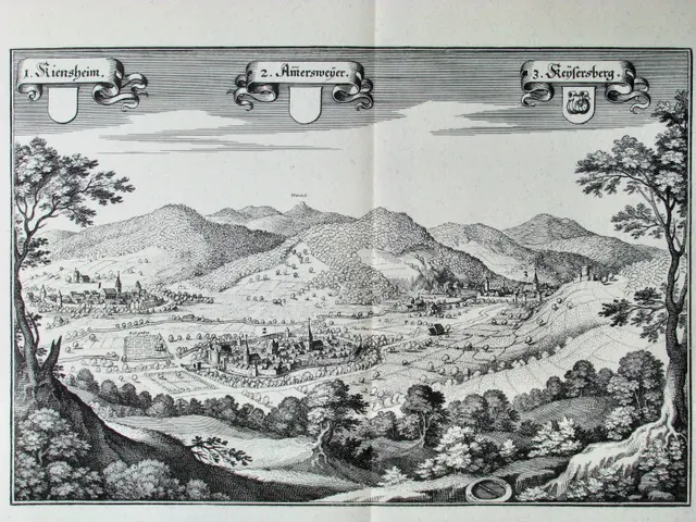 The image shows an open book with a drawing of a landscape featuring trees, hills, buildings, and...