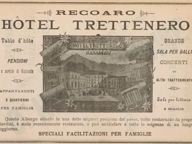 The image shows an old advertisement for a hotel trettenero with a picture of a building in the...