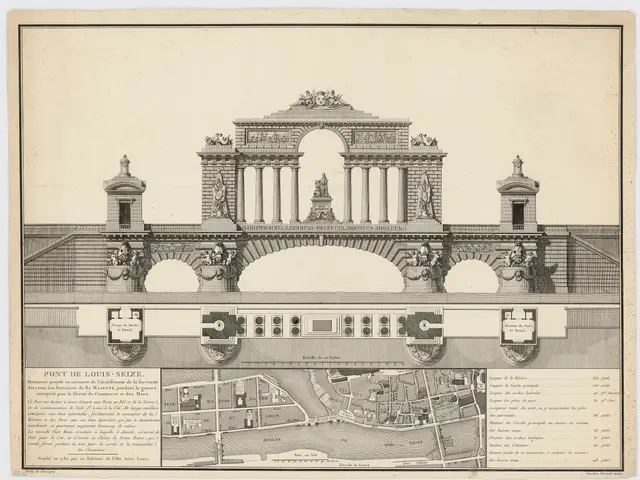 The image shows a drawing of a building with a map of the city below it. The building is adorned...