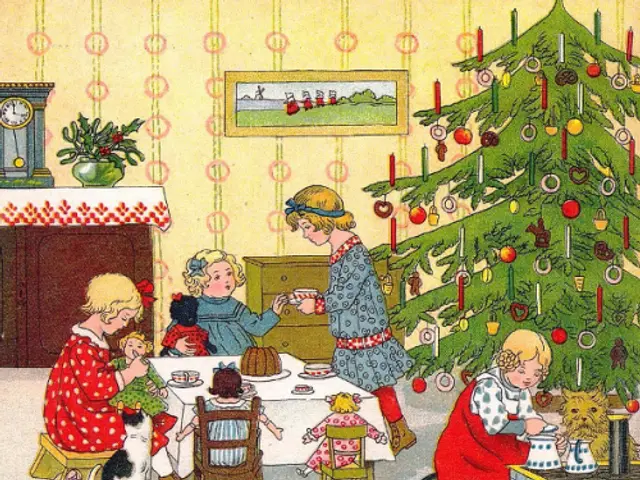 The image shows a group of children sitting around a table in front of a Christmas tree decorated...