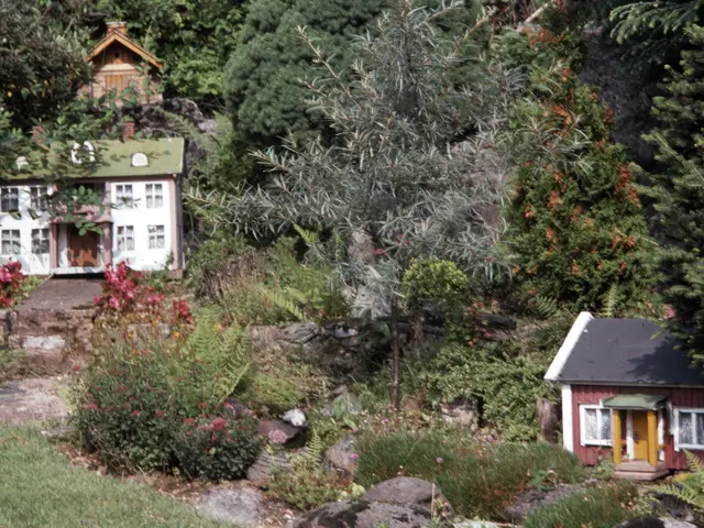 The image shows a small house in the middle of a lush green hillside surrounded by trees, plants,...