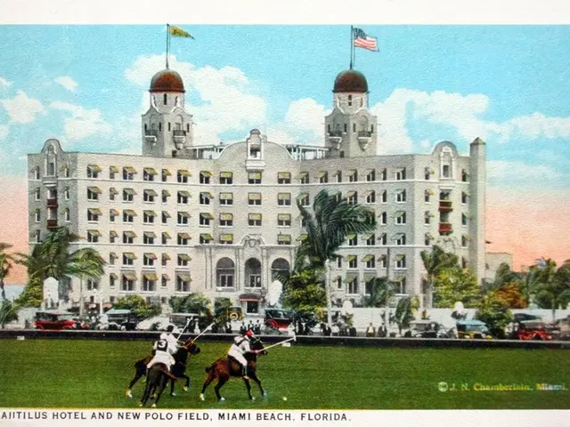 The image shows a postcard of the Nautilus Hotel and New Polo Field in Miami Beach, Florida. It...
