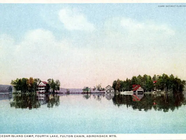 The image shows a postcard of Cedar Island Camp, Fourth Lake, Fulton Chain, Adirondack, Michigan....